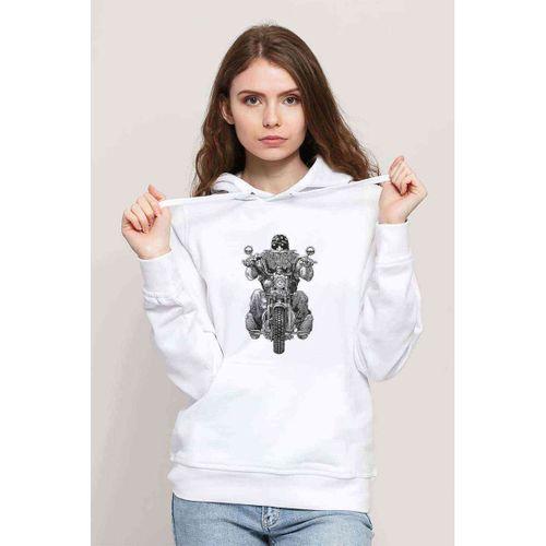 Motorcu Motorsiklet Baskılı Beyaz Kadın Kapşonlu Sweatshirt