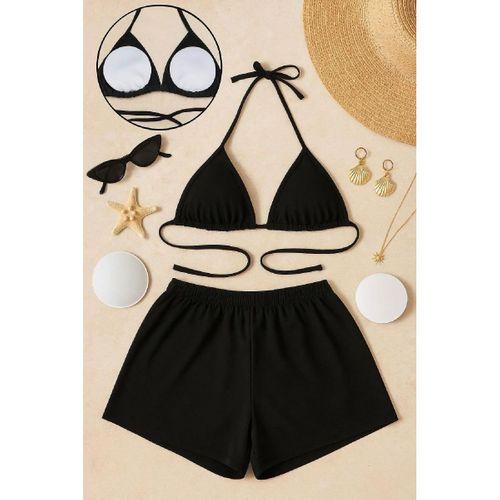 Siyah Şortlu Bağlamalı Bikini Takımı Üçgen Kesim Ayarlanabilir Esnek Kumaş Kadın Mayo Seti