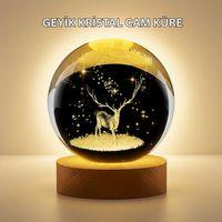 3d Lazer İşlemeli Geyik Kristal Küre Sıcak Işıklı Gece Aydınlatması