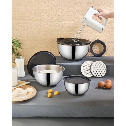 PratikŞef 9 Parça Rendeli Karıştırma ve Saklama Kabı Paslanmaz Çelik Blender Uyumlu (16-20-24 cm)