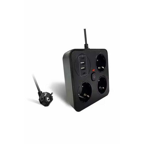 Akım Korumalı Anahtarlı Priz - 3x Priz - 2x Usb - 2x Type-c - 2 Mt Kablo Hızlı Şarj Özellikli Siyah