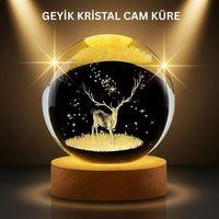 Led Işıklı Geyikli Kristal Küre Ahşap Standlı Modern Dekor Lamba