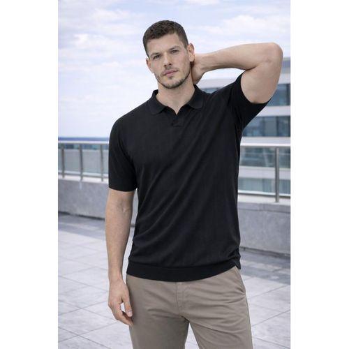 Elatus Çizgili V Yaka İnce Triko Relaxed Fit Polo Yaka Erkek T-Shirt - Siyah