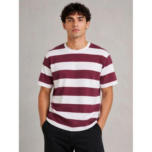 Erkek Çizgili Oversize Tişört Bisiklet Yaka Kısa Kol Yazlık T-Shirt - Bordo