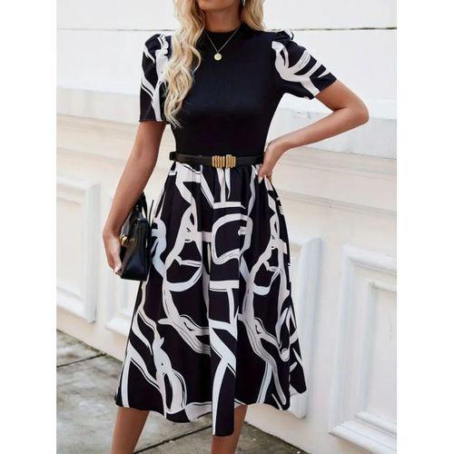 Kadın Kısa Kollu Yarı Balıkçı Yaka üst Viskon Alt Desenli Dokuma Midi Elbise