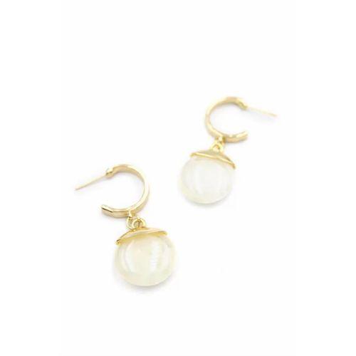 Taşlı Halkalı Küpe - Krem