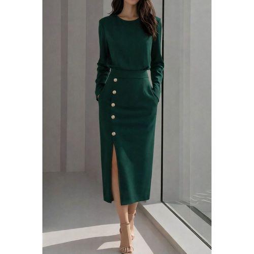 Kadın Uzun Kollu Bisiklet Yakalı Yandan Yırtmaçlı Düğmeli Midi Ithal Krep Elbise