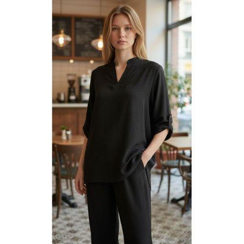 Kadın Kolu Katlanır Düğme Detay Hakim Yaka Bluzve Pantolon Sofia Keten Kumaş Ikili Takim