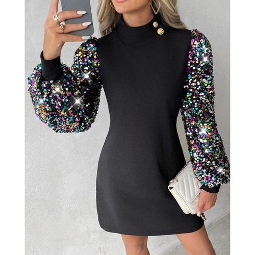 Kadın Uzun Kollu Balıkçı Yaka Düğme Detay Renkli Pul Payet Kol Scuba Krep Elbise