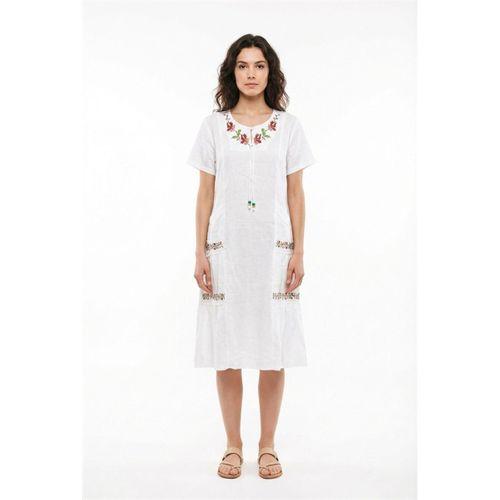 Kısa Kol Aynur Bisiklet Yaka Cepli Yazlık Vual Kısa Elbise Beyaz Byz