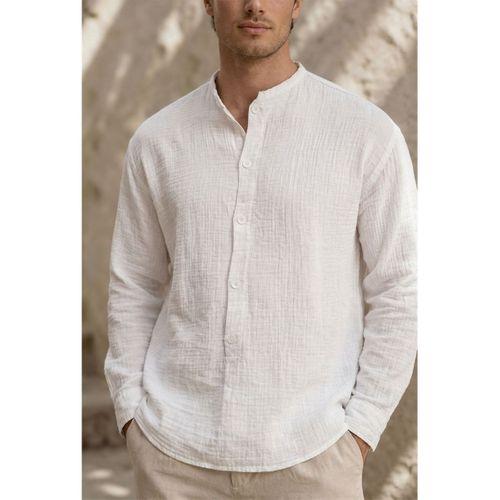 Hafif ve Nefes Alabilir Erkek Müslin Yarım Pat Hakim Yaka Oversize Gömlek - Beyaz