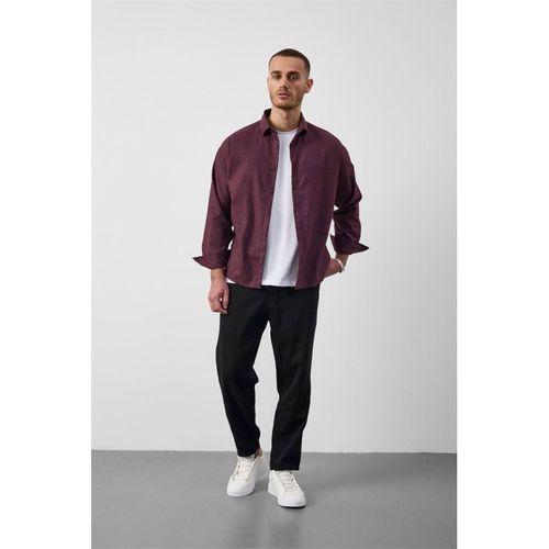 Pixel Relaxed Fit Pamuklu Mikro Çizgili Flanel Erkek Gömlek - Bordo