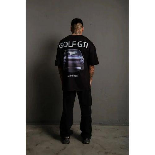 Erkek Oversize Baskılı Tişört – Golf GTI Retro Araba Desenli, Ön - Arka Dijital Baskı, Sokak Modası Stil - Siyah