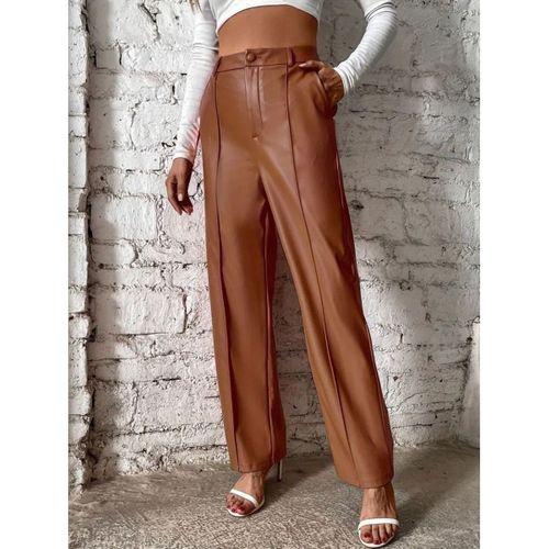 Kadın önden Fermuarlı Cepli Geniş Kesim Lame Deri Pantolon
