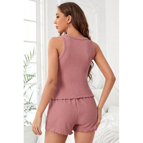 Kadın Tozlu Pembe Kenarları Fırfırlı Şortlu Kaşkorse Gecelik Takımı