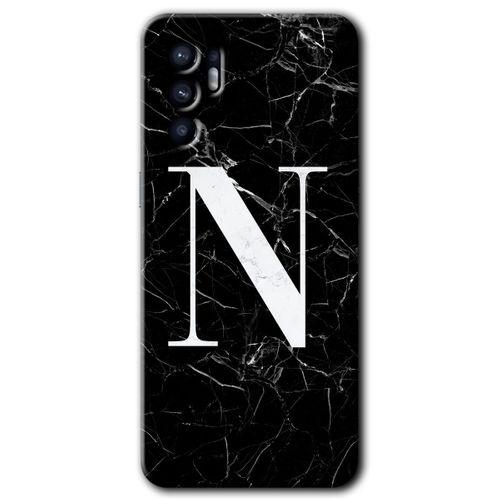 Oppo Reno 6 Kılıf HD Desen Baskılı Arka Kapak + Temperli Cam - Siyah Mermer Desenli N Harfi