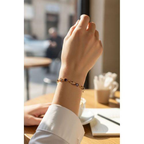 Pirinç Gold Renk Mor Zirkon Taşlı Çiçek Model Kadın Bileklik