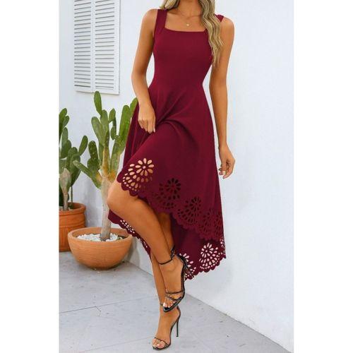 Kadın Askılı Geometrik Yaka çiçek Lazer Kesim Ithal Krep Elbise