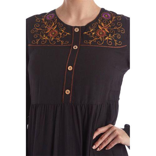 Uzun Kol Bisiklet Yaka Nakışlı Vual Siyah İlkbahar & Yazlık Elbise