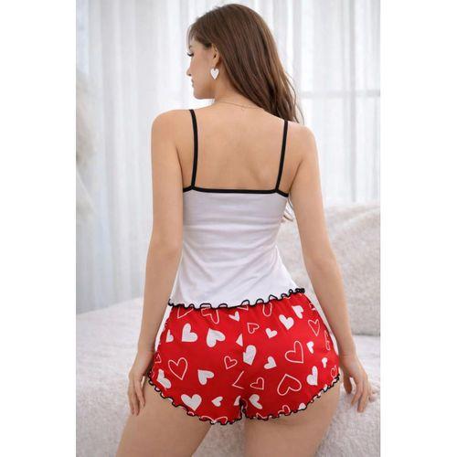 Renkli Kalp Desenli Askılı Şortlu Kadın Pijama Takımı
