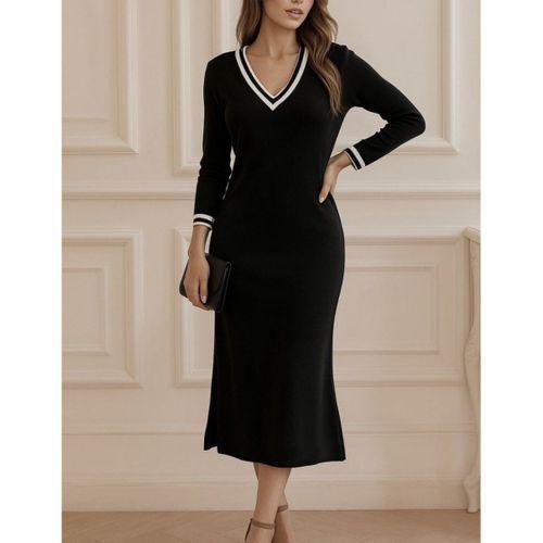 Kadın Uzun Kollu V Ribana Yakalı Yanlardan Yırtmaçlı Midi Viskon Iki Iplik Elbise