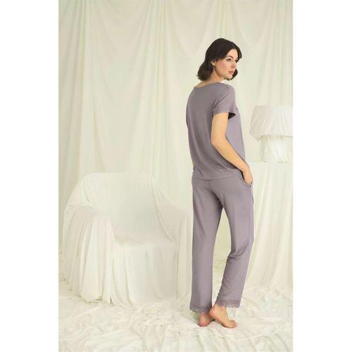 Kısa Kollu V Yakalı Dantelli Pijama Takımı