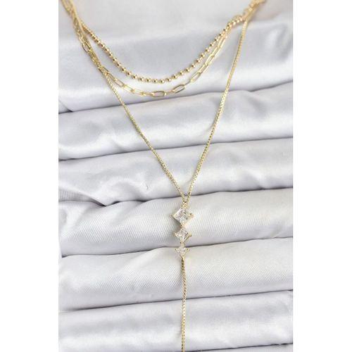 Pirinç Gold Renk Zirkon Taş Detaylı 3'lü Kombin Y Kadın Kolye