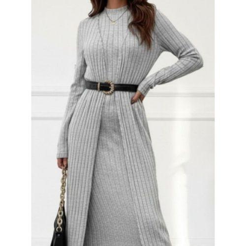 Kadın Uzun Kollu Yarı Balıkçı Yaka şardonlu Kaşkorse Elbise Ve Uzun Hırka Ikili Takım