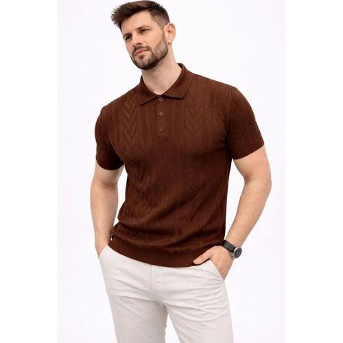 Erkek Yazlık Triko Tişört Kısa Kol Polo Yaka Düğmeli T-Shirt - Kahverengi