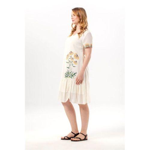 Kısa Kol Dilek Vual V Yaka Yazlık Nakışlı Günlük Kısa Elbise Krem Krm