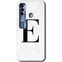 Tecno Spark 7 Pro Kılıf HD Desen Baskılı Arka Kapak+Temperli Cam - Beyaz Mermer Desenli E Harfi