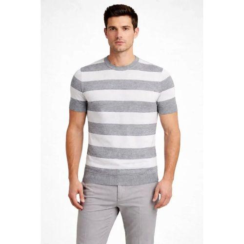 Erkek T-shirt Çizgili Triko Dokuma Bisiklet Yaka Tişört - Gri