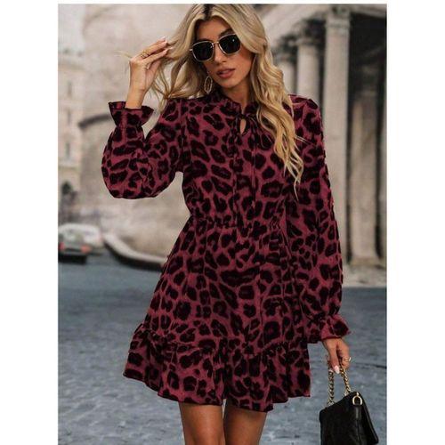Kadın Uzun Kollu Yakadan Bağcıklı Modal Leopar Desenli Mini Elbise
