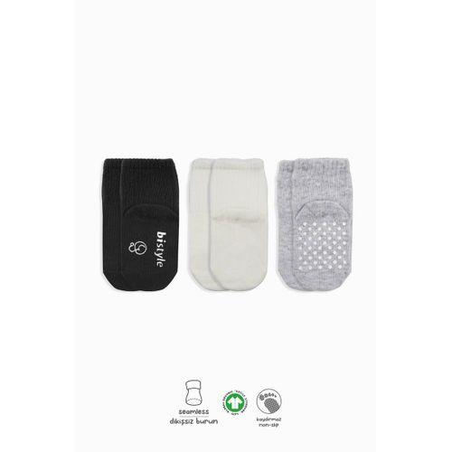Bistyle Basic Kaymaz Penye Soket Çorap 3'Lü BS10106 Siyah Ekru Gri