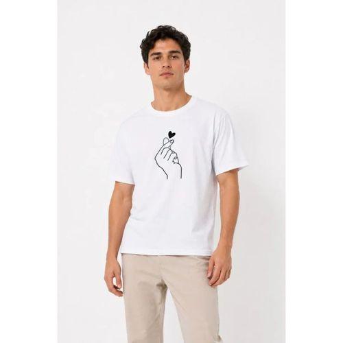 Erkek Kore Parmak Kalp Aşk Temalı Minimal Baskılı Tişört Yazlık Kısa Kol T-Shirt - Beyaz