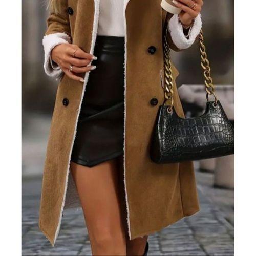 Kadın Uzun Kollu Yakalı Düğmeli Süet Mini Manto