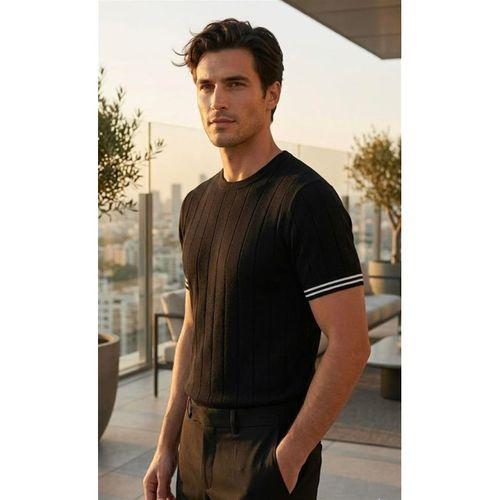 Dale Kolları Şeritli Bisiklet Yaka İnce Triko Örme Regular Fit Erkek T-Shirt - Siyah