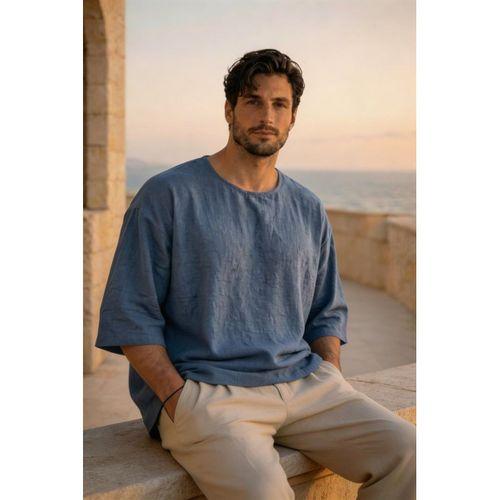 Castiel Bisiklet Yaka Fakir Kol Oversize Kısa Kol T-shirt - Mavi