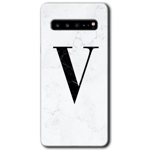 Samsung Galaxy S10 Plus Kılıf HD Desen Baskı Arka Kapak + TemperliCam - Beyaz Mermer Desenli V Harf