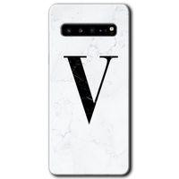 Samsung Galaxy S10 Plus Kılıf HD Desen Baskı Arka Kapak + TemperliCam - Beyaz Mermer Desenli V Harf