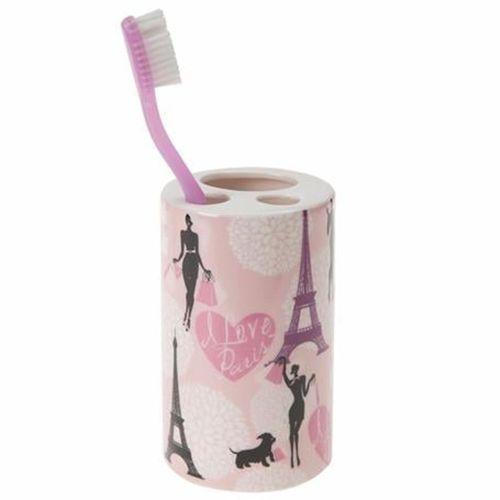 2 Adet Seramik Diş Fırçalık Kızlı Paris Desenli 7X7X11Cm Banyo Seti