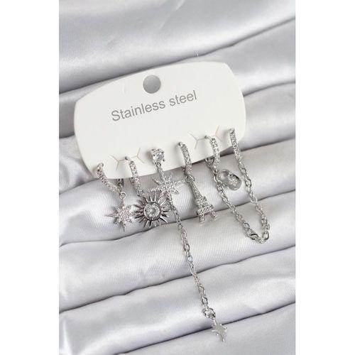 316L Çelik Gümüş Renk 6'lı Set Charmlı Kadın Küpe