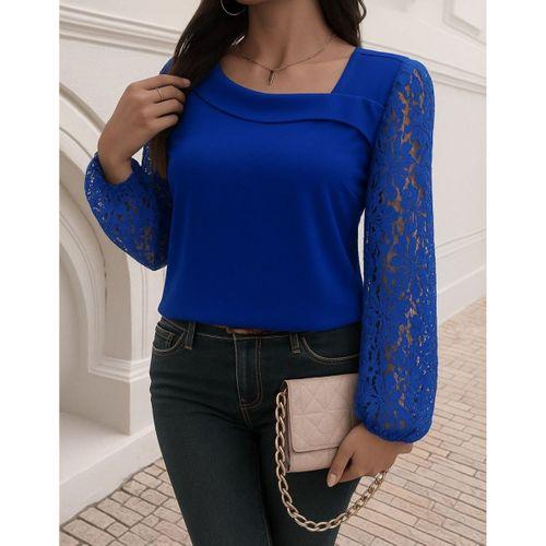 Kadın Uzun Kollu Asimetrik Yakalı Dantelli Ithal Krep Bluz