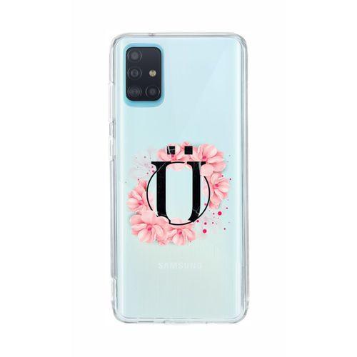 Samsung A51 Pembe Çiçek Desen Ü Harfli Şeffaf Kılıf