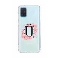 Samsung A51 Pembe Çiçek Desen Ü Harfli Şeffaf Kılıf