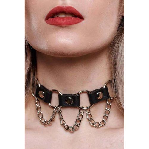 Zincir Ve Halka Detaylı Deri Choker Tasma Boyunluk Aksesuar