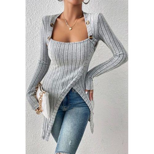 Kadın Gri Düğme Detaylı Kare Yaka Fitilli Asimetrik Etekli Uzun Kollu Bluz Premium Stil