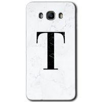 Galaxy J7 2016 Kılıf HD Desen Baskılı Arka Kapak - Beyaz Mermer Desenli T Harfi + Kırılmaz Cam