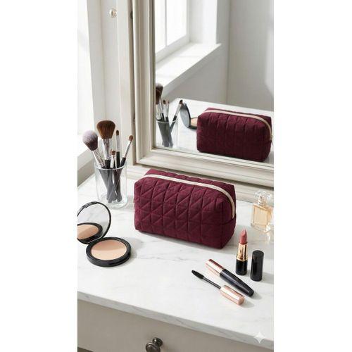 Lüks Bordo Kapitone Desenli Makyaj ve Kozmetik Çantası