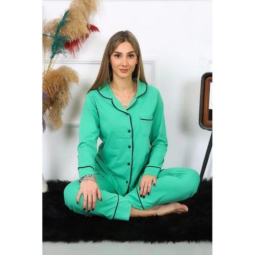 Kadın Pamuk Penye Önden Düğmeli Uzun Kol Yeşil Pijama Takım